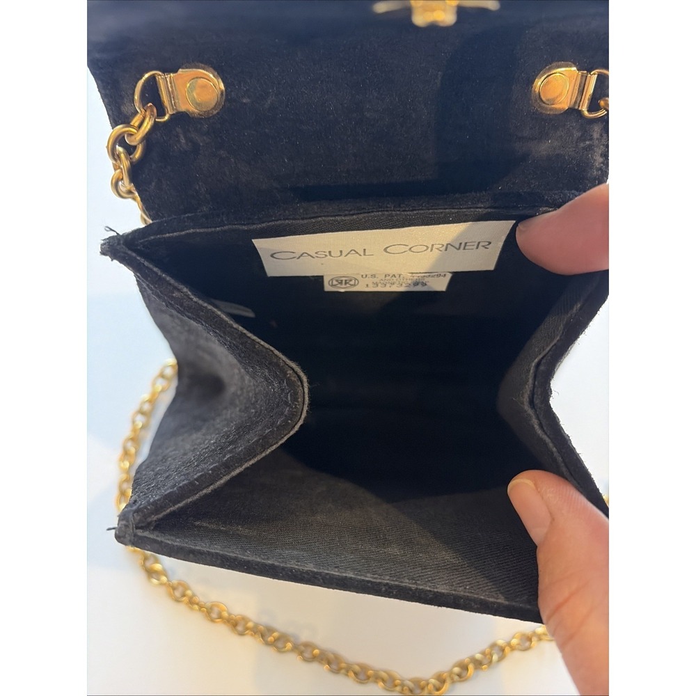 Casual Corner Black Suede Handbag Gold Medallion & Chain Essentials Elegant Bag - Picture 4 of 15